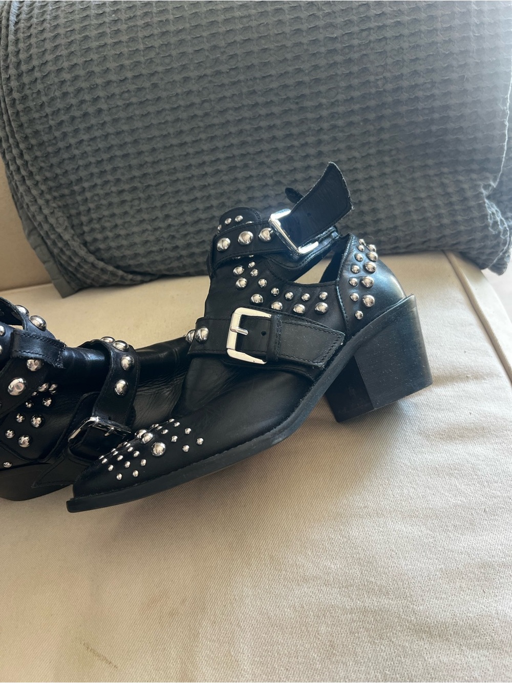 Black Studded Ankle Boots with Buckle Strap - Picture 7 of 13